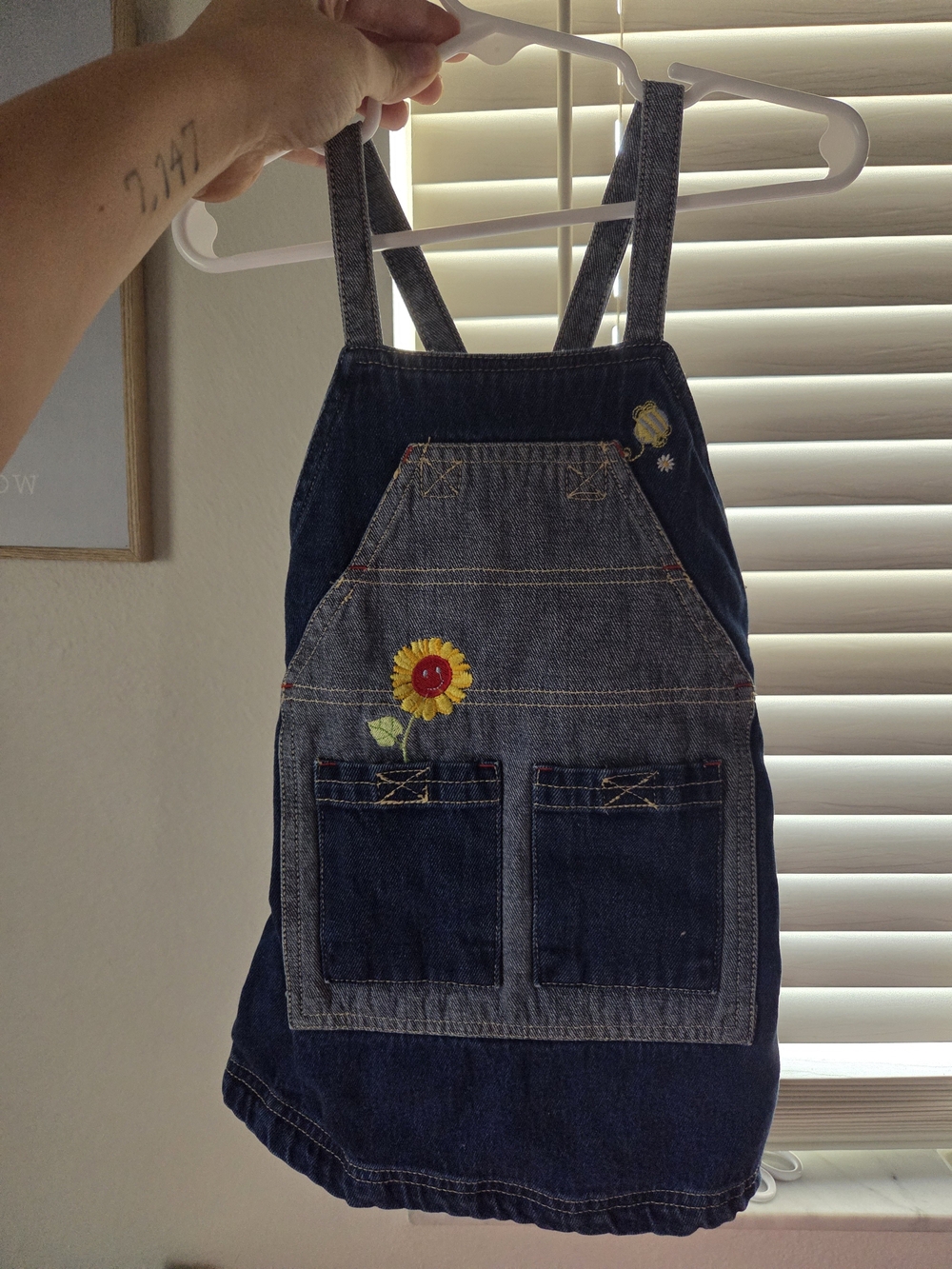 Girls Denim Overall Dress with Sunflower Embroidery - Blue